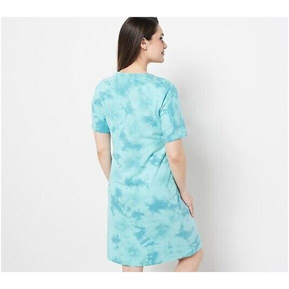 DENIM & CO. NEW $50 French Terry Crystal Wash Tie-Dye T-Shirt Dress Turquoise S - Picture 2 of 2